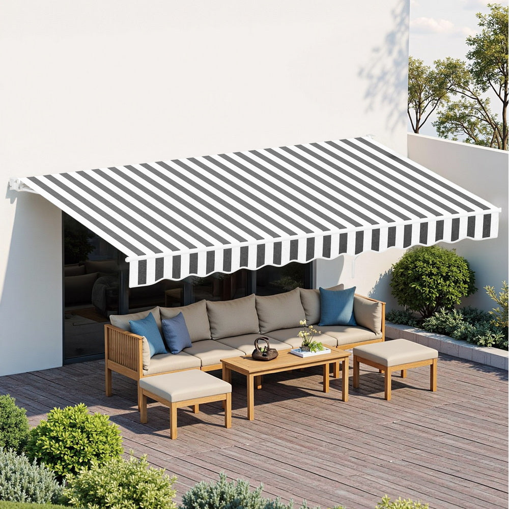 Instahut Retractable Folding Arm Awning Motorised Sunshade 5Mx3M Grey White-6