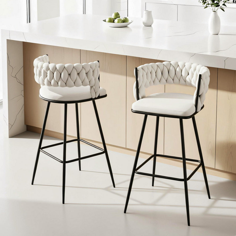 Artiss 2x Bar Stools Kitchen Dining Chair Counter Stool Woven Velvet Metal Ivory-6