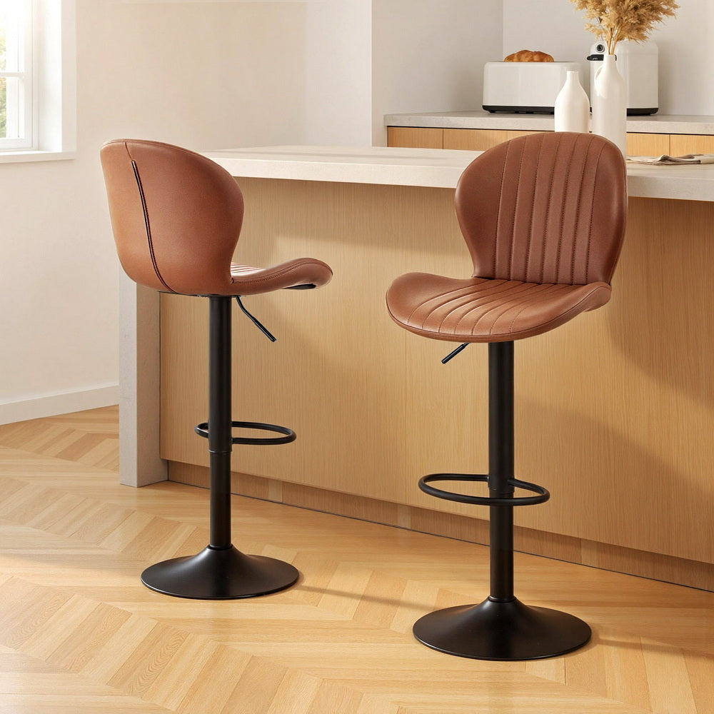 Artiss 2x Bar Stools Kitchen Swivel Gas Lift Counter Chair Shell Leather Brown-6