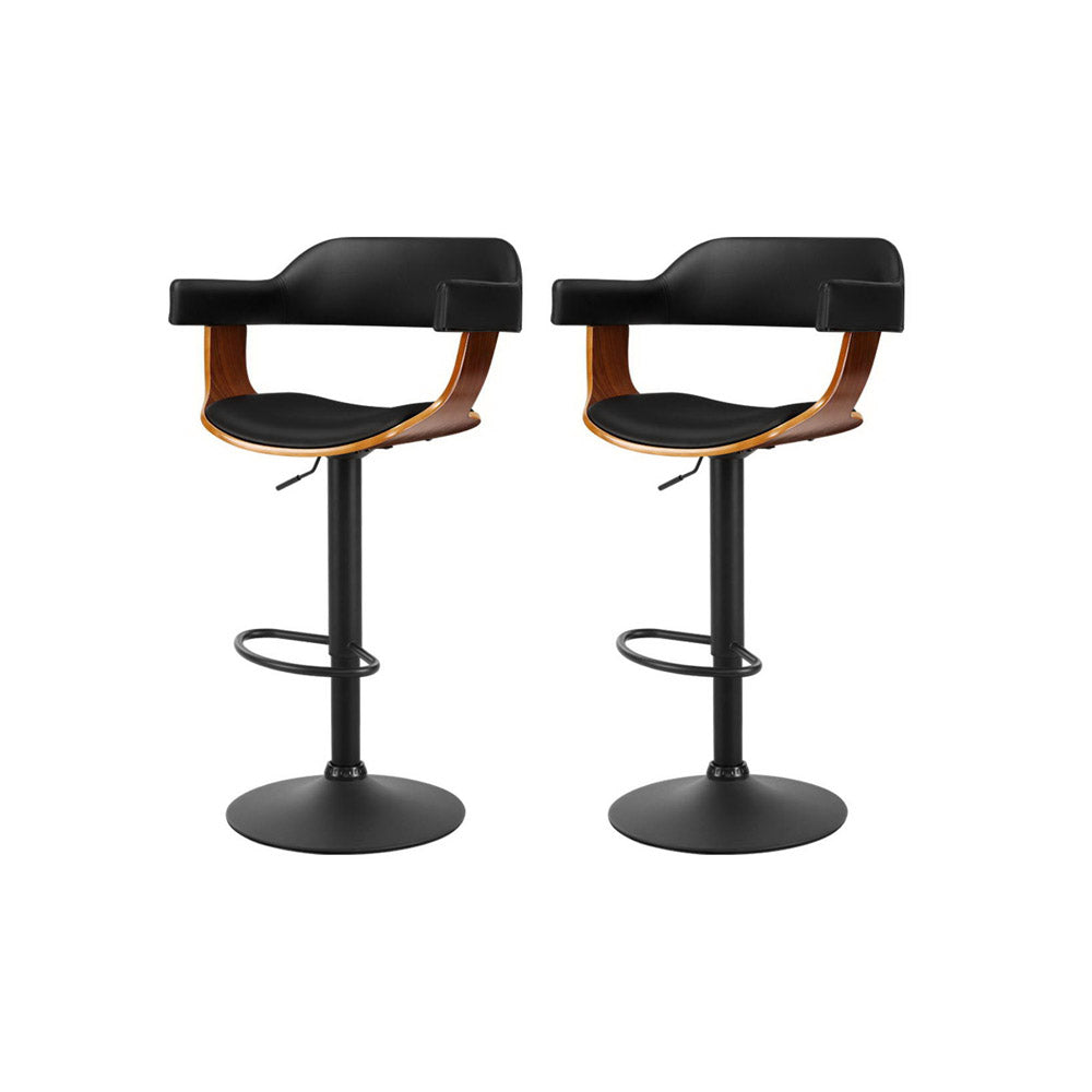 Artiss 2x Bar Stools Gas Lift Leather w/Armrest All Black-6