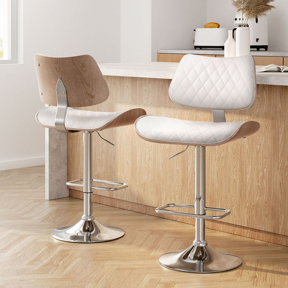 Artiss 2x Bar Stools Kitchen Dining Chairs Gas Lift Stool Wooden Leather White-6