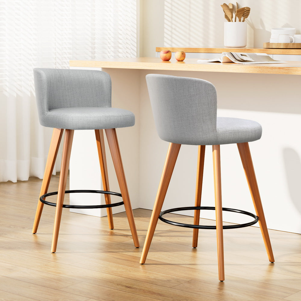 Artiss 2x Bar Stools Linen Padded Wooden Grey-7