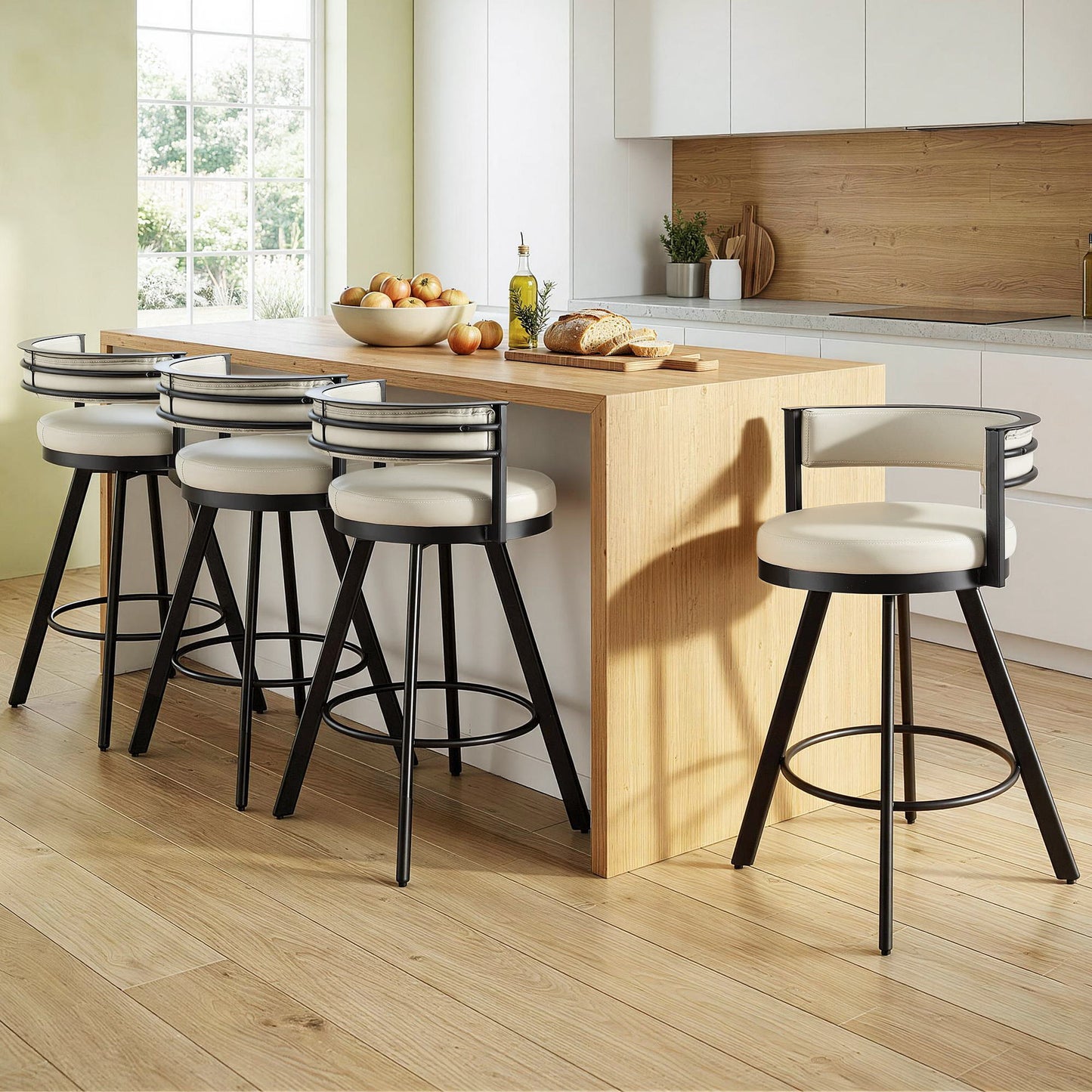 Artiss Bar Stools Set of 4 Swivel Kitchen Chair Metal Counter Beige Leather