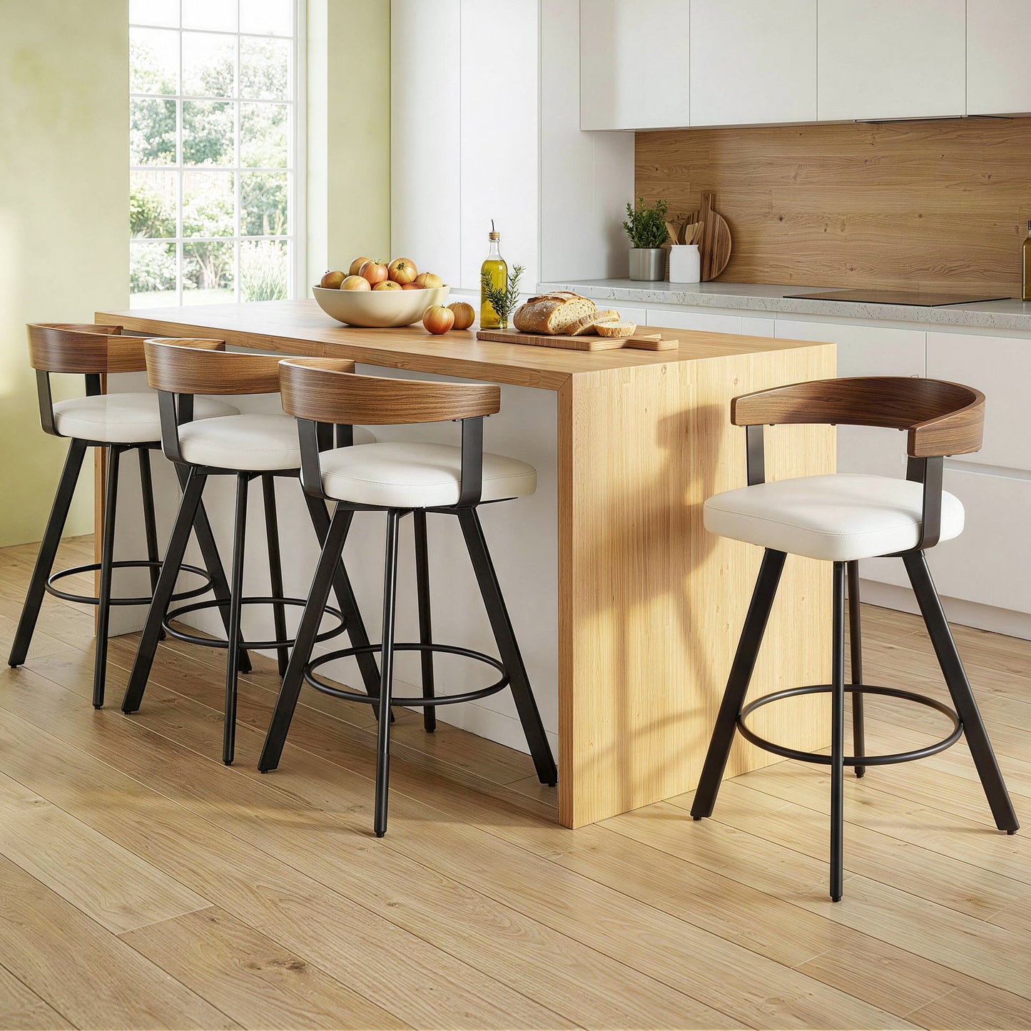 4x Artiss Bar Stools Swivel Kitchen Chairs Metal Legs Bentwood Counter White PU