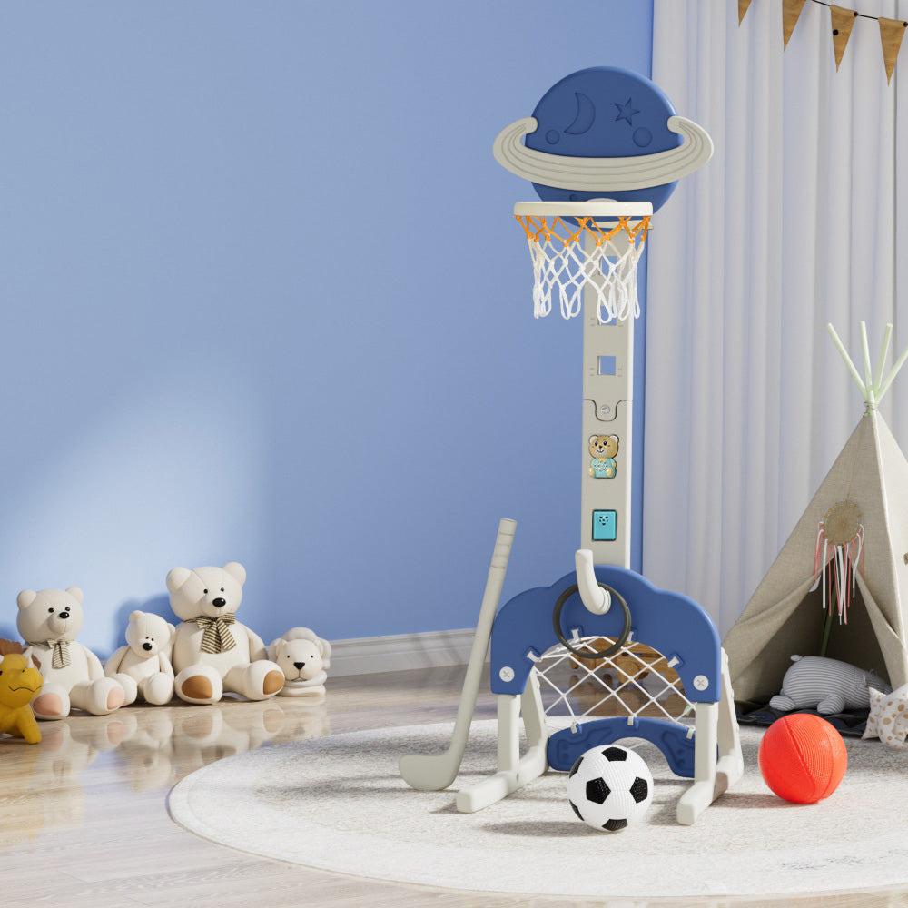 Keezi Kids Basketball Hoop Stand Adjustable 6-in-1 Sports Center Toys Set Blue-7