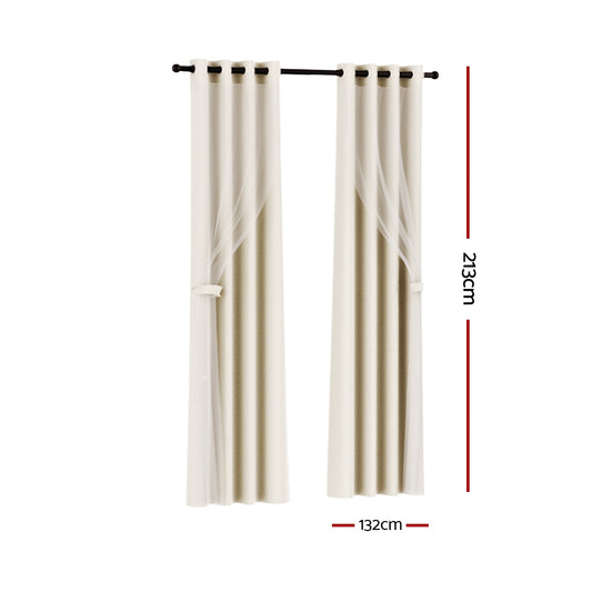 Artiss 2X 132x213cm Blockout Sheer Curtains Beige-1