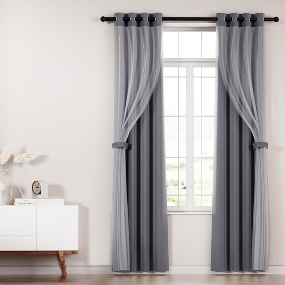 Artiss 2X 132x274cm Blockout Sheer Curtains Charcoal-6