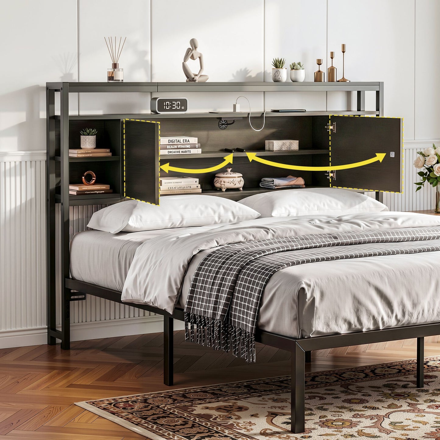 Artiss Bed Headboard Queen Storage Bedhead Charging Station Black