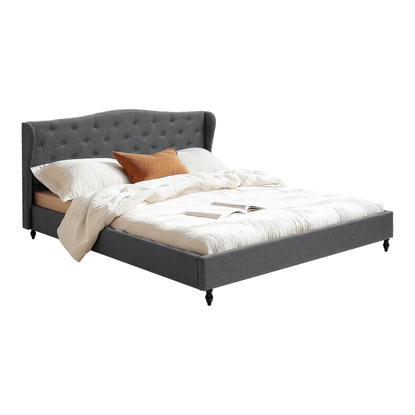 Artiss King Bed Frame with Wingback Headboard Grey Linen Upholstered Platform Bed Base-6