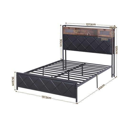 Artiss Double Bed Frame with LED Lights Storage Headboard 2 USB 2 AC Outlets Charging Station