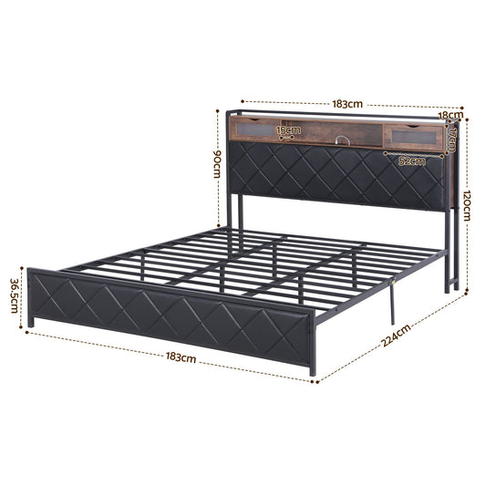 Artiss King Bed Frame with LED Lights and Storage Headboard Charging Station