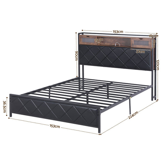 Artiss Queen Bed Frame with LED Lights and Storage Headboard Charging Station