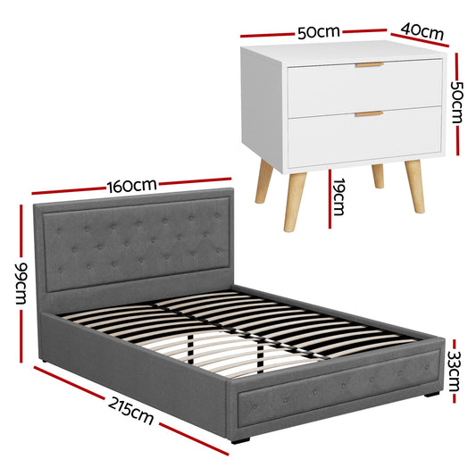 Artiss Upholstered Queen Gas Lift Storage Bed Frame with 2-Drawer Bedside Table Set