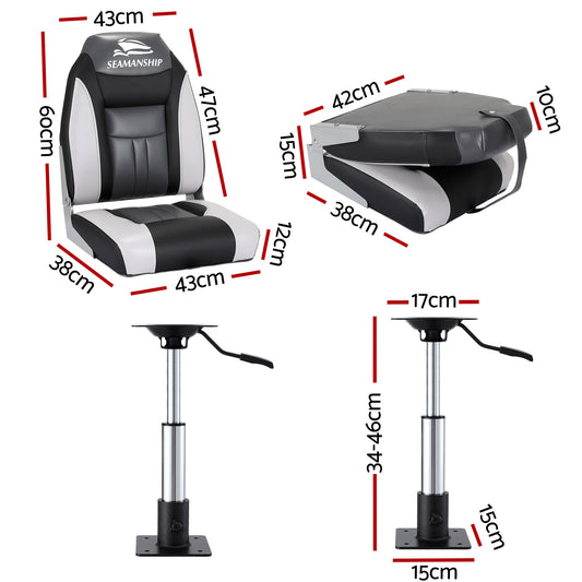 Seamanship 2X Folding Boat Seats with 2X Adjustable Pedestals 34–46cm Marine Seat Swivel High Back 12cm Padding Black