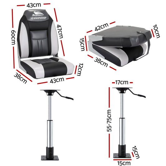 Seamanship 2X Folding Boat Seats with 2X Adjustable Pedestals 55–75cm Marine Seat Swivel High Back 12cm Padding Black