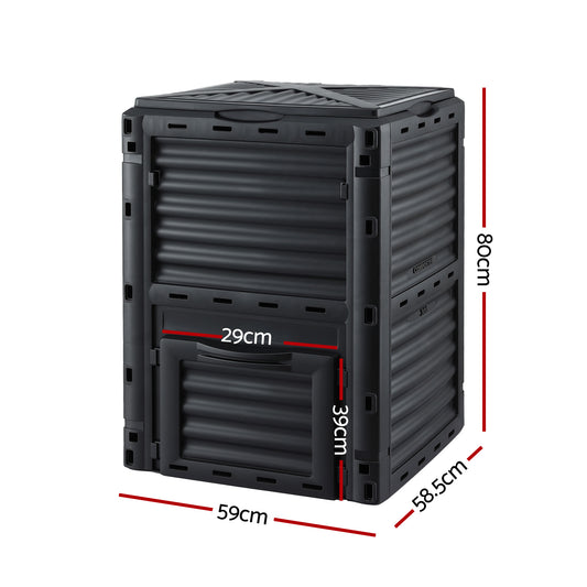 Gardeon Compost Bin 300L Heavy-Duty Black Outdoor Composter with Top Lid Bottom Door