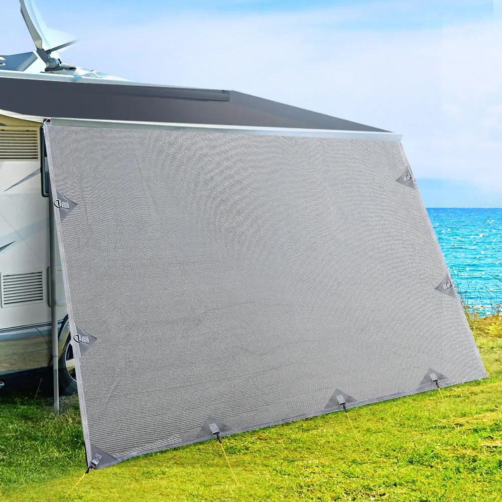 Caravan Privacy Screen Roll Out Awning 4.9x1.95M End Wall Side Sun Shade Grey-6