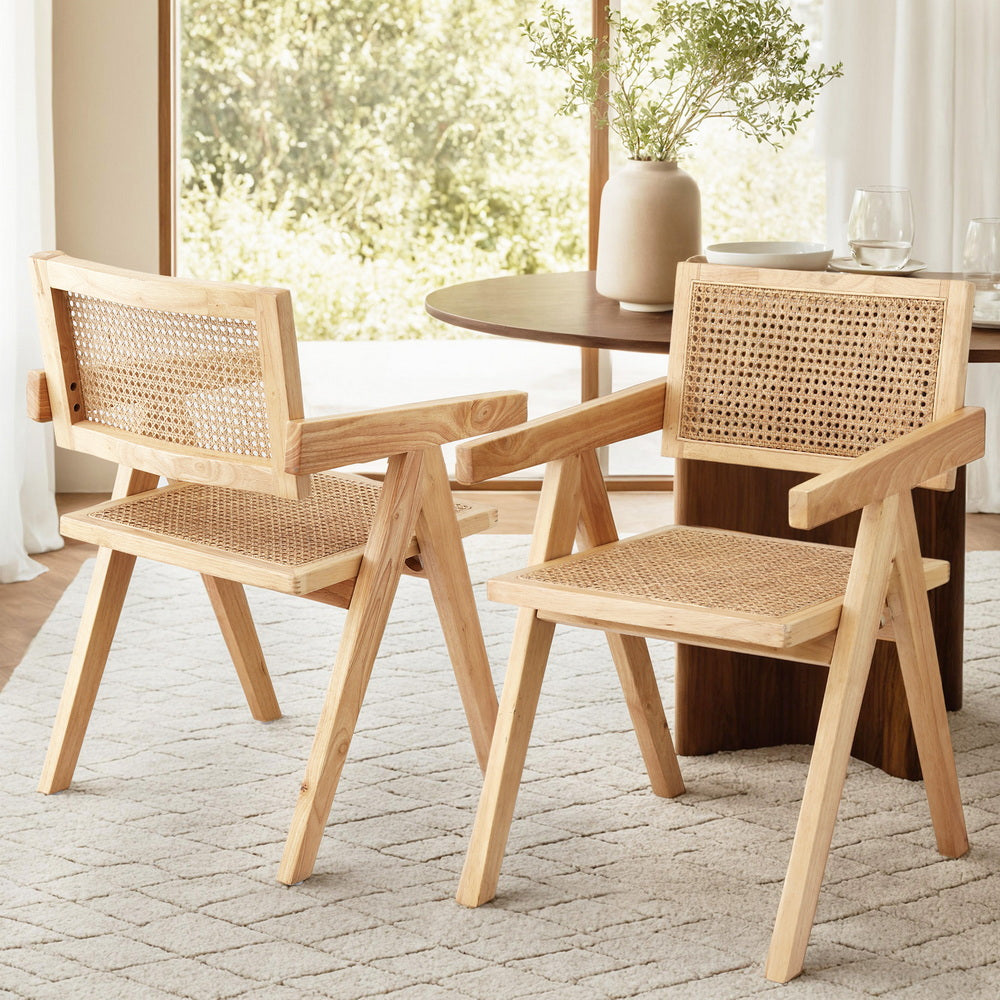 Artiss 2x Dining Chairs Wooden Rattan Seat Rubber Wood Frame-6