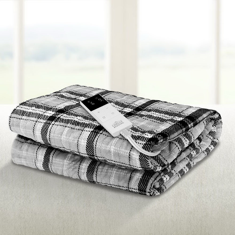 Giselle Bedding Electric Throw Rug Flannel Snuggle Blanket Washable Heated Grey and White Checkered-7