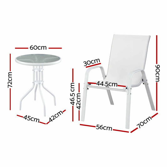 Gardeon 3PC Outdoor Bistro Set Table and Chairs Stackable Patio Furniture White