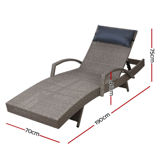 Gardeon Sun Lounge Wicker Lounger Outdoor Furniture Beach Armchair Adjustable Grey&Beige-1