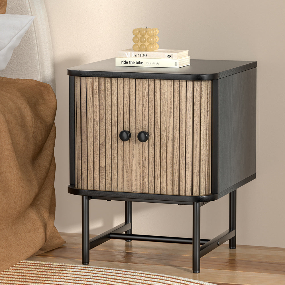 Artiss Bedside Table Side End Table Slidng Doors Storage Nightstand Black BORIS-4