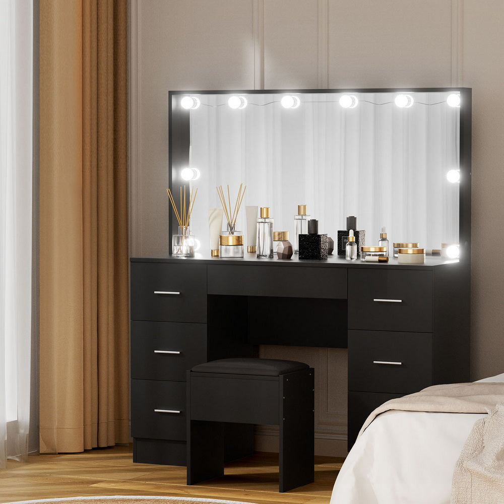 Artiss Dressing Table Vanity Desk Set Stool 10 Led Bulbs Black-7