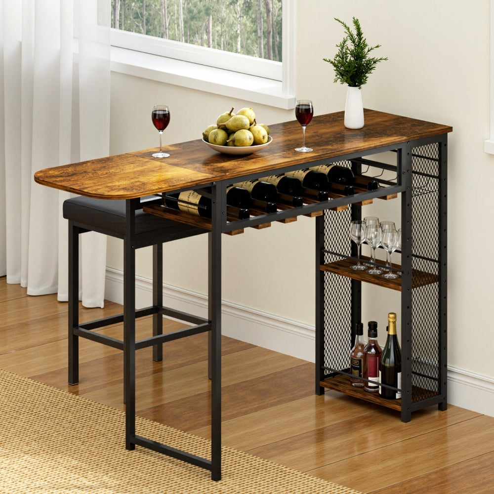 Artiss Industrial Bar Table with Wine Rack Built-in Cup Holder Extendable 140cm-7