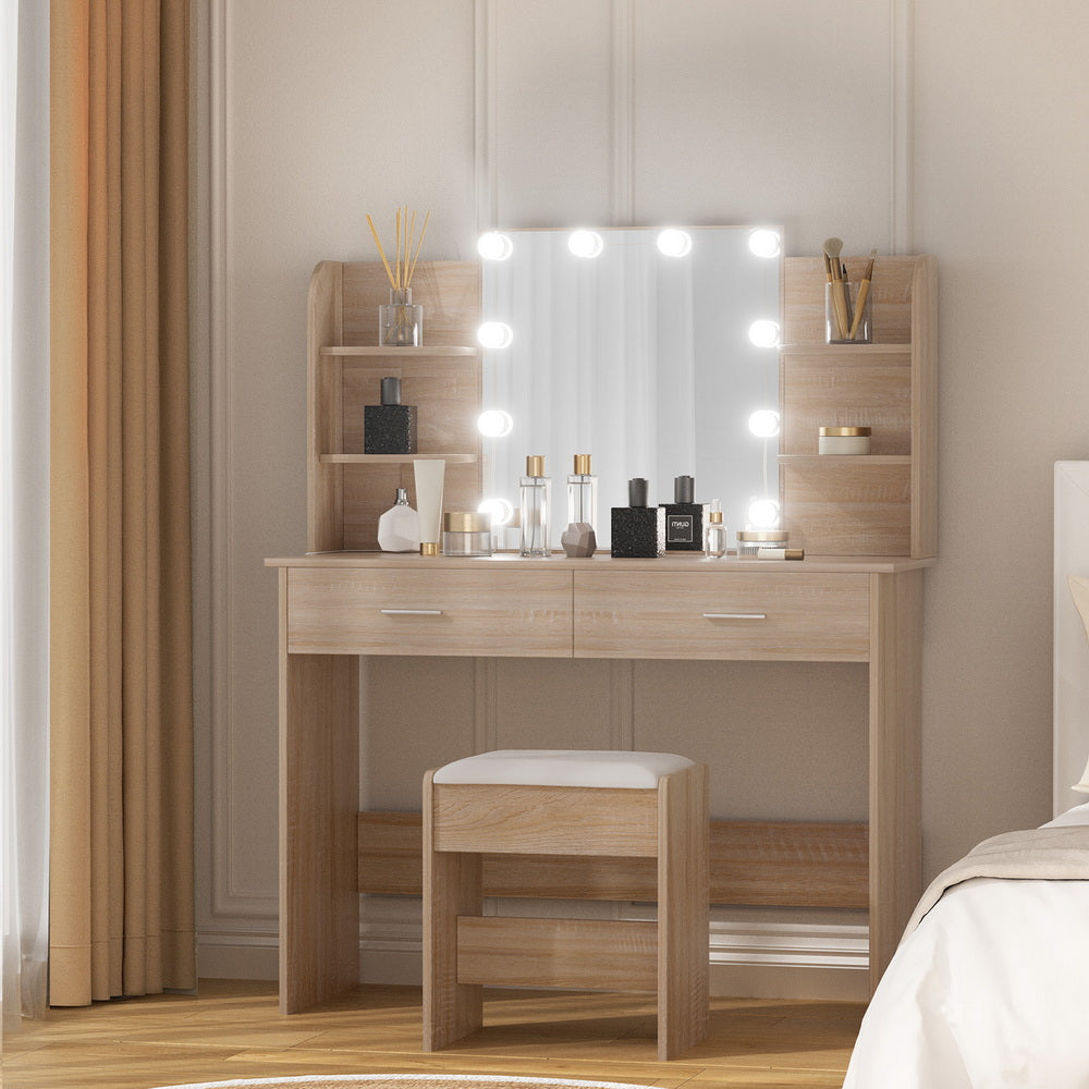 Artiss Dressing Table Set Stool 10 Led Bulbs Wood-7