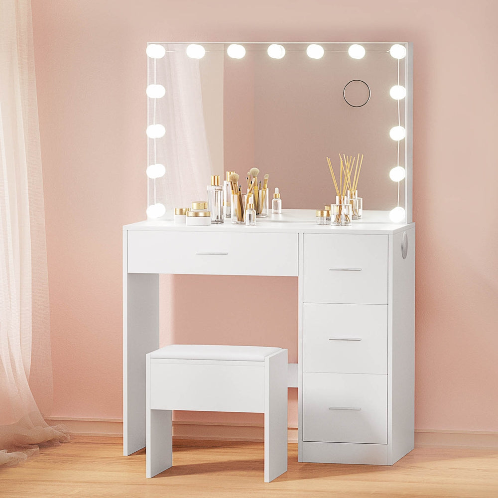 Artiss Dressing Table Set Stool 15 Led Bulbs White Darcy-7