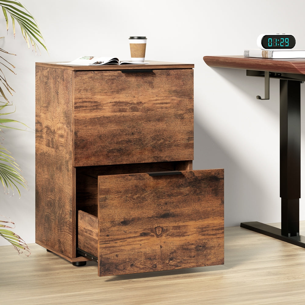 Artiss Filing Cabinet Files Storage Office Shelves File Organiser Rustic Brown 2 Drawer-7