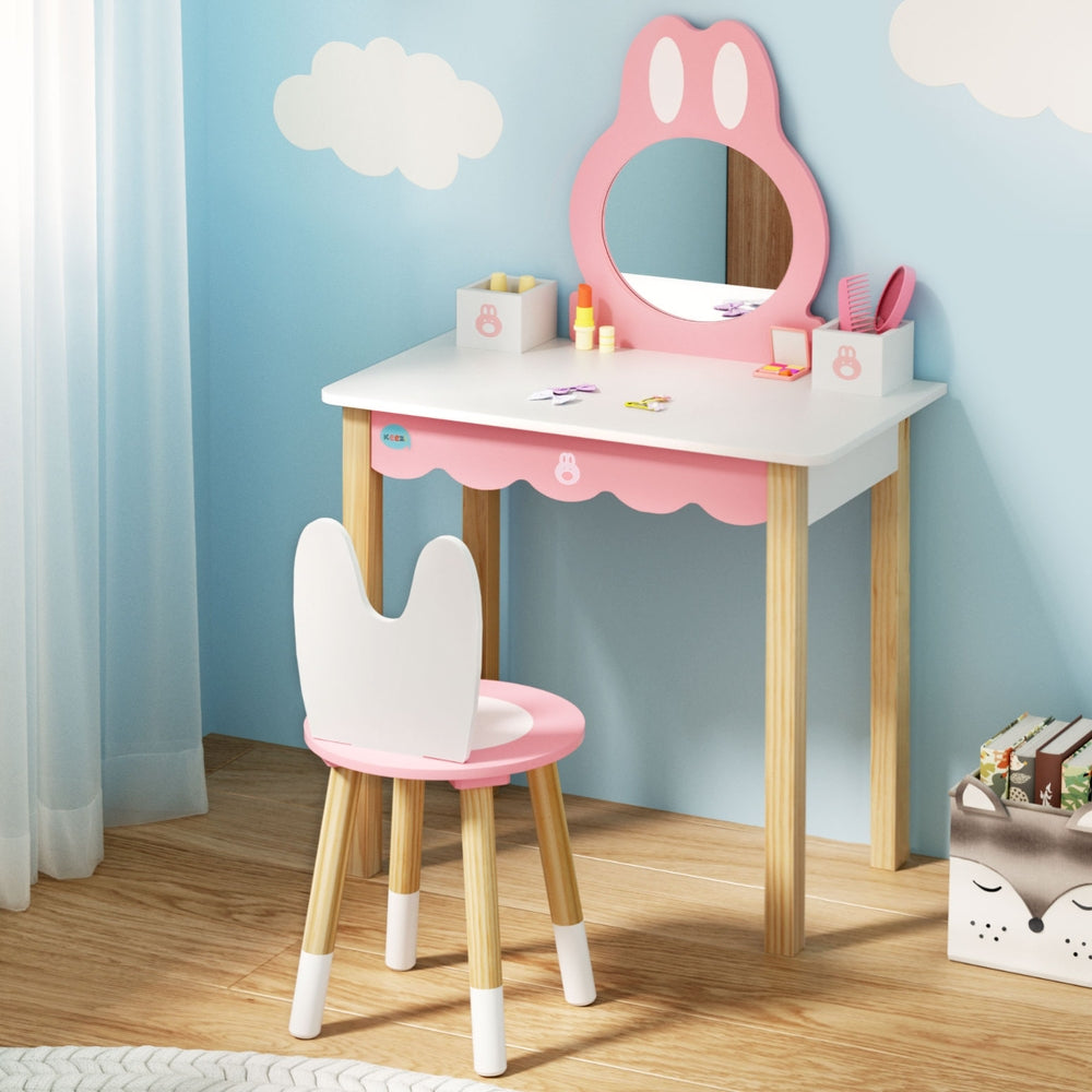 1 Set of Keezi Kids Dressing Table Wooden Bunny Pink-6