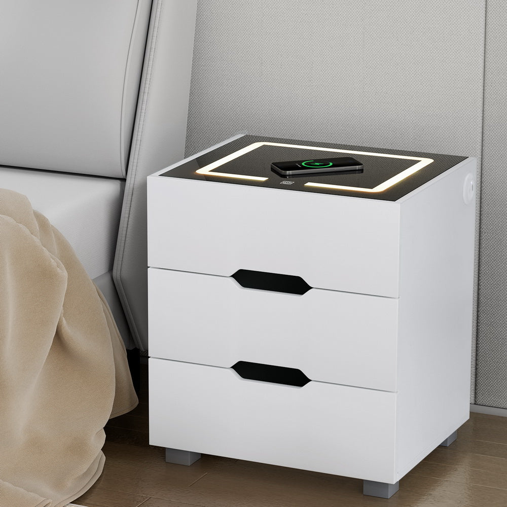 Artiss Smart Bedside Table 3 Drawers with Wireless Charging Ports LED White ADAD-5
