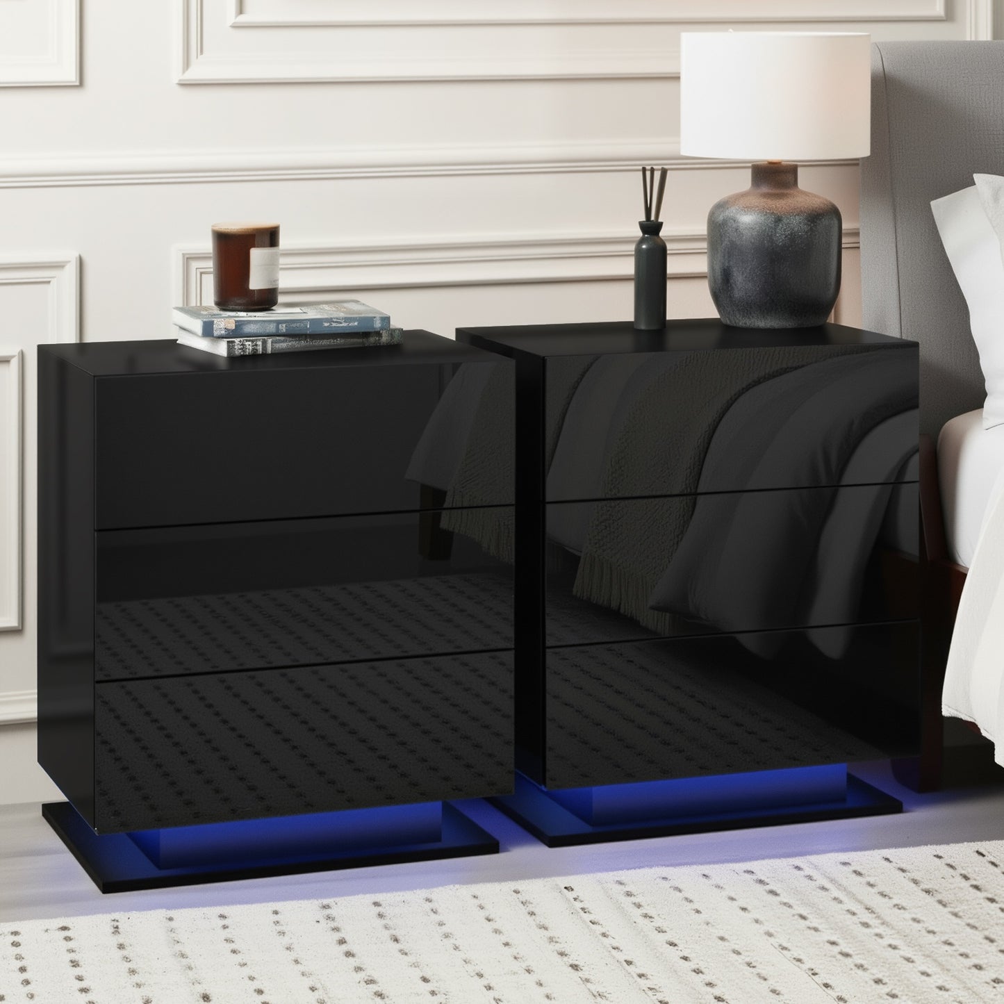 Artiss 2x Bedside Table LED 3 Drawers - MORI Black-6
