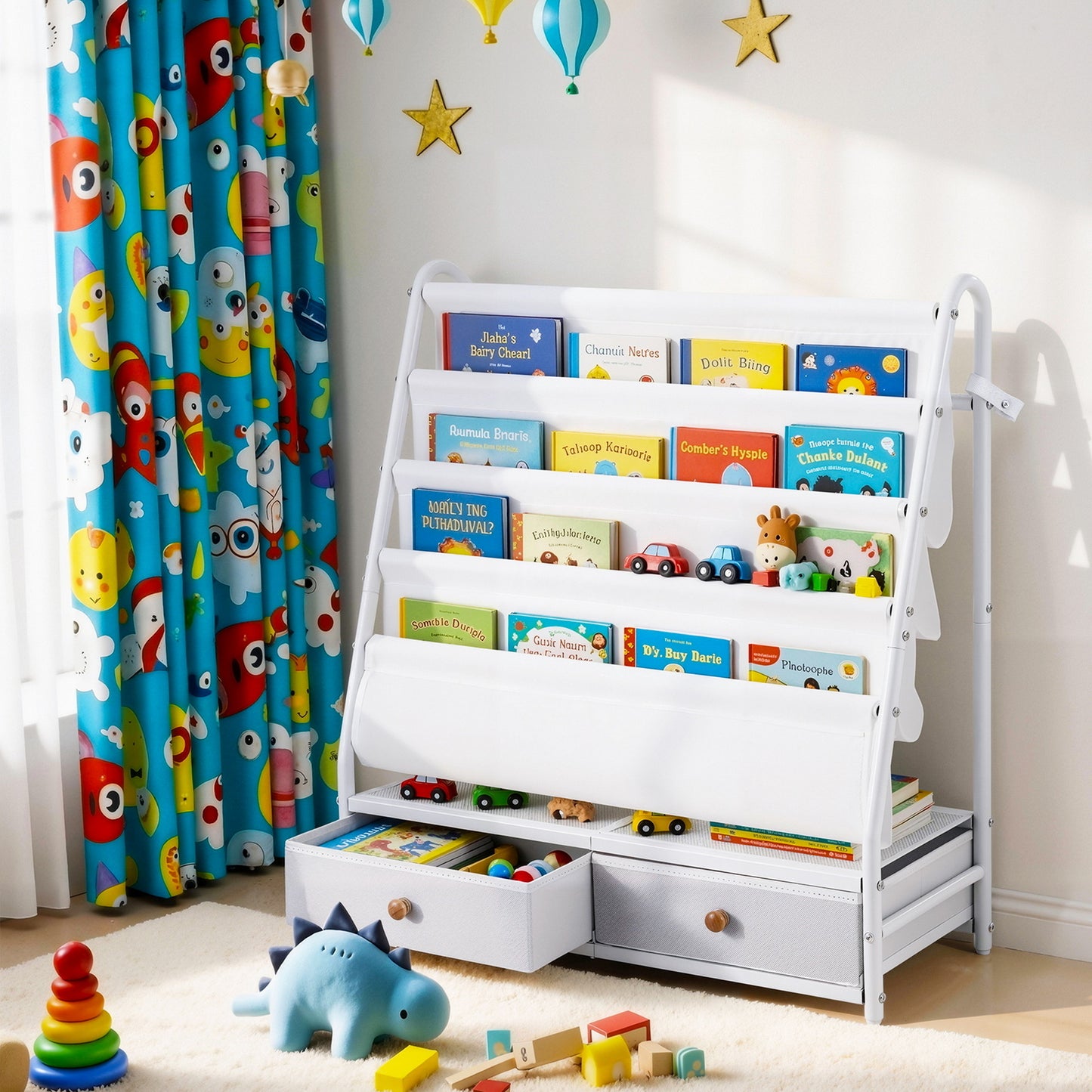 Keezi Kids Bookshelf Metal Storage Rack Toy Organiser Display Shelf Drawer White-8