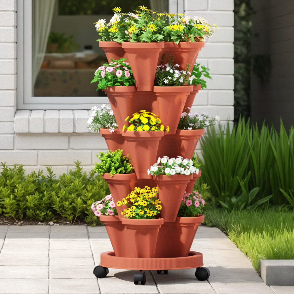 Green Fingers Raised Garden Bed 5 Tier Vertical Garden Brick Red Strawberry Stackable Planters Herbs Petunias-6