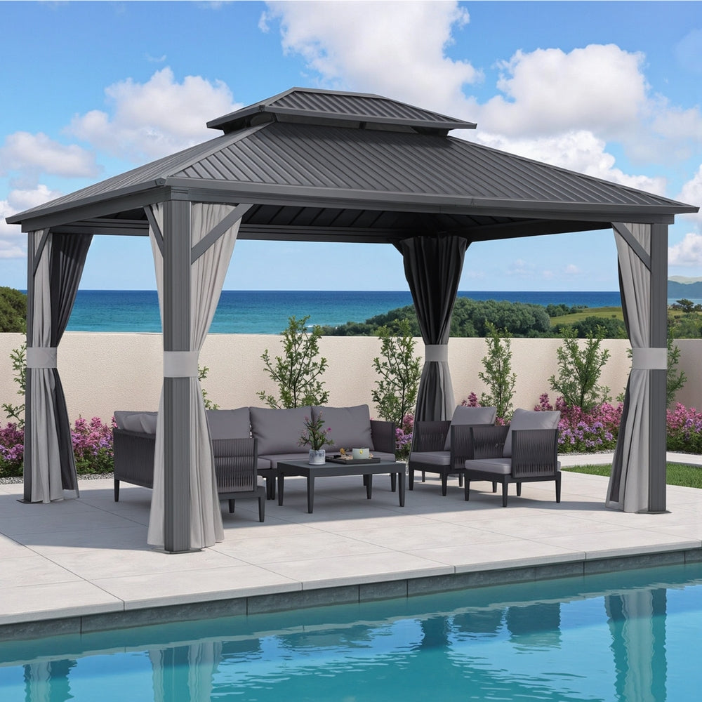 Instahut Gazebo 3x3.65m Canopy Outdoor Steel Frame Patio Tent Curtains Marquee Grey-6