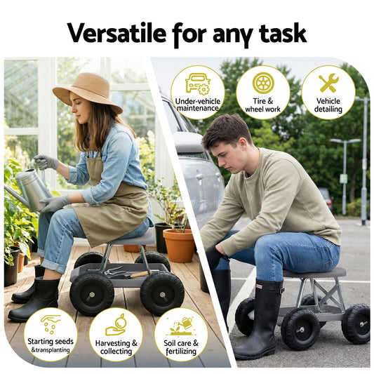 Gardeon Garden Cart Seat with Wheels, Rolling Work Stool with Tool Storage Tray, 440lbs (200kg) Heavy Duty Capacity Garden Stool for Outdoor Yard Work, Car Detailing, and Garage Maintenance, Grey/Black-1