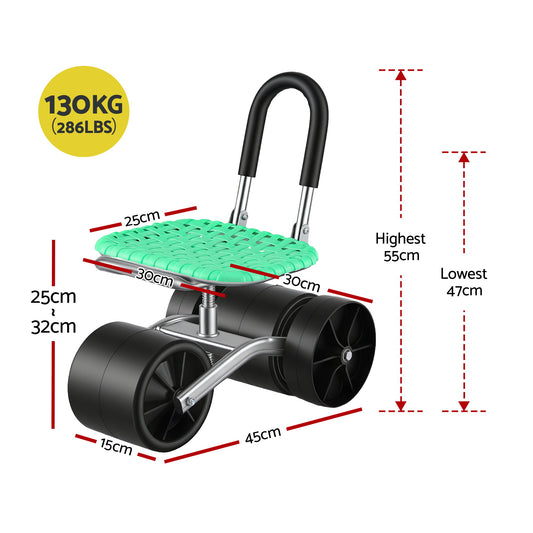 Gardeon Gardening Cart with 360° Swivel Seat | Rolling Work Seat with Adjustable Height & All-Terrain Wheels | 130KG Capacity Heavy Duty Garden Scooter for Back Pain Relief & Vehicle Detailing | Foldable Backrest & Ventilated Seat, Green