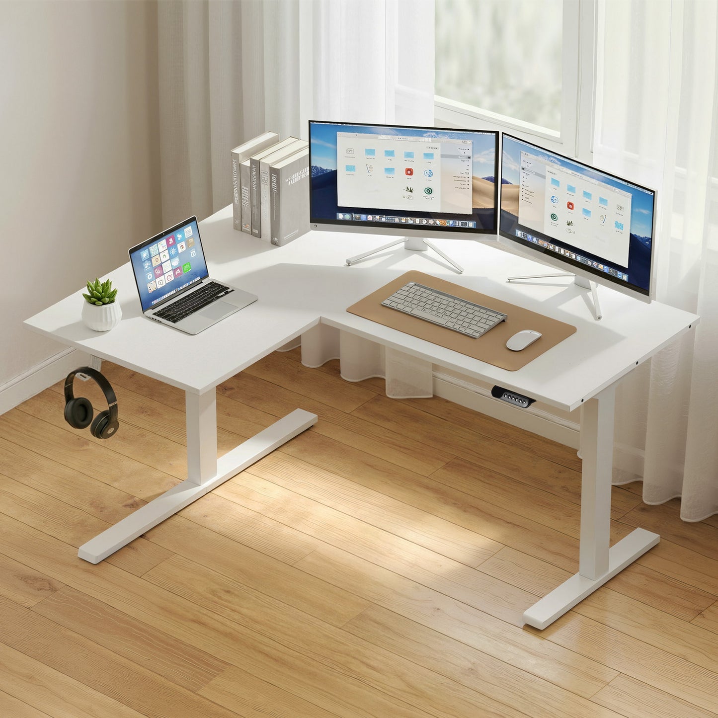 Artiss L-Shape Standing Desk Sit Stand Up Height Adjustable Electric Motorised White-6