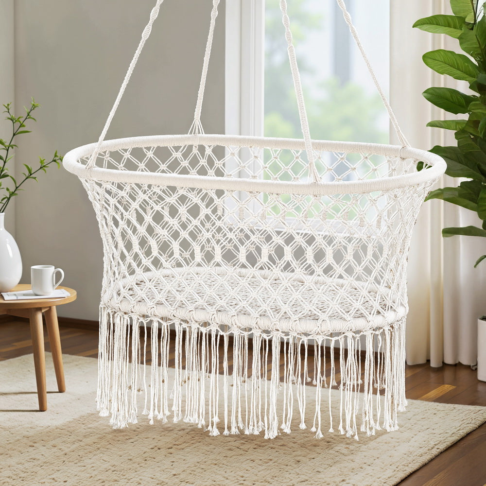 Gardeon Hammock Chair Cotton Swing Chair Outdoor Indoor Cream-6