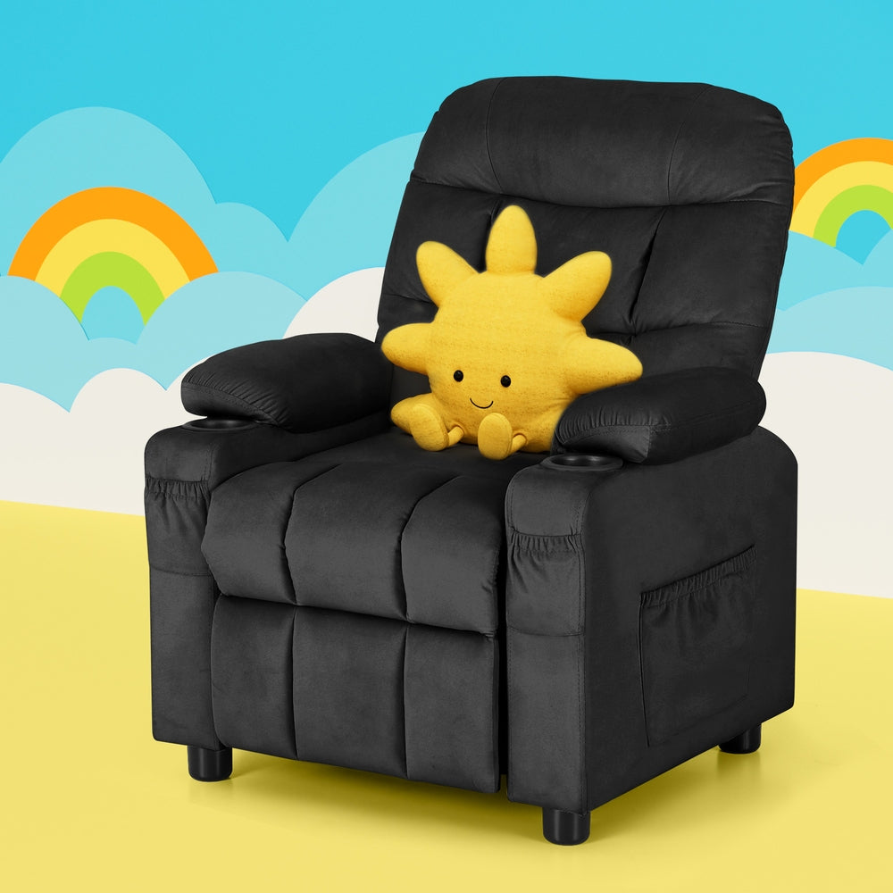 Keezi Kids Recliner Chair Black Velvet Sofa Lounge Couch Children Charis Armchair-6