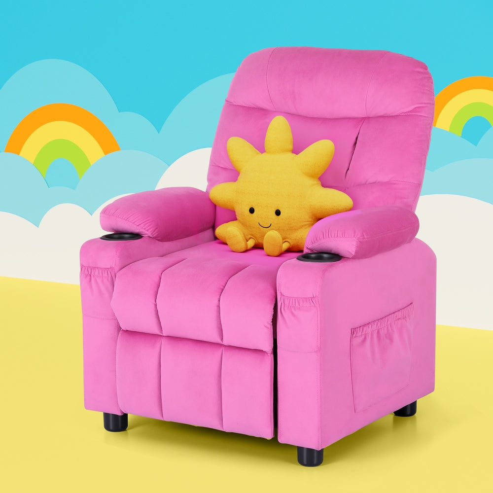 Keezi Kids Recliner Chair Pink Velvet Sofa Lounge Couch Children Charis Armchair-6