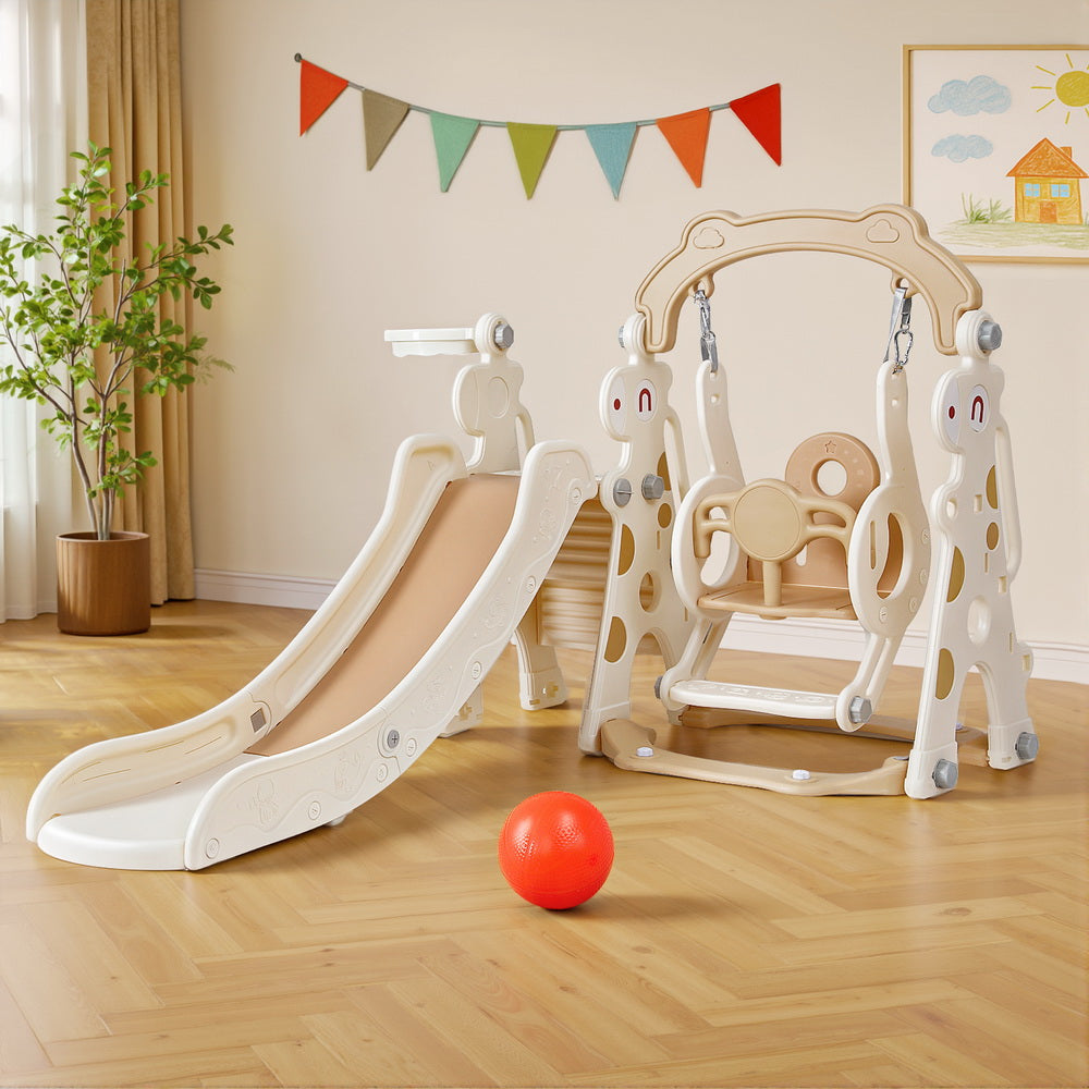 Keezi Kids Slide Swing Set Basketball Hoop Outdoor Playground Toys 160cm Beige-6