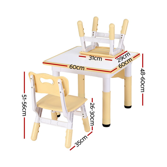 Keezi Kids Table and 2 Chairs Set Height Adjustable Toddler Desk and Chair Set for Ages 3-8, Activity Table with Graffiti Desktop for Learning Drawing Playing, Yellow
