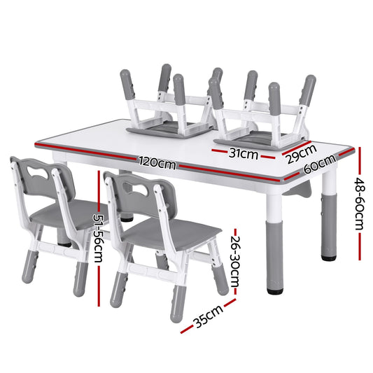 Keezi Kids Table and 4 Chairs Set Height Adjustable Toddler Desk and Chair Set for Ages 3-8, Children Activity Table with Graffiti Desktop for Learning Drawing Playing, Grey