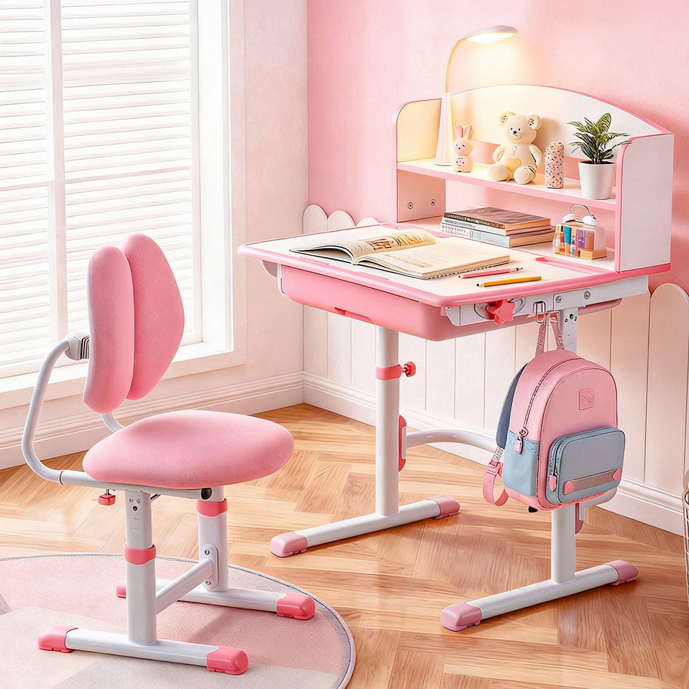 Keezi Kids Study Desk Chair Set Adjustable Ergonomic Table LED Lamp Pink-6
