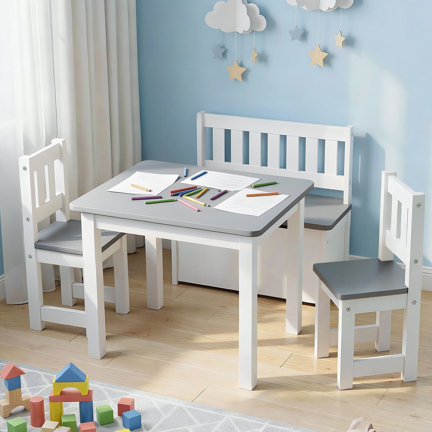 Keezi 2 in 1 Kids Table and Chair Set, Activity Table with Storage Bench and 2 Chairs for Reading, Drawing, Writing, Snack Time & Arts Crafts, 4 PCS Toddler Table and Chair Set, Grey-7