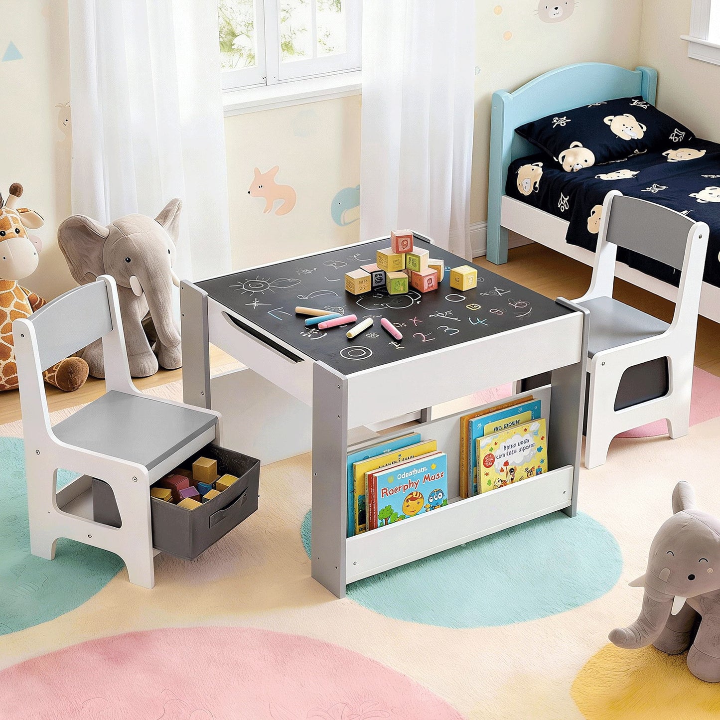 Keezi Kids Table and Chair Set, 4 in 1 Wooden Activity Table with Bookcase, Storage Box and Detachable Blackboard, Toddler Table and 2 Chairs Set, Grey-7