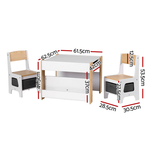 Keezi Kids Table and Chair Set, 4 in 1 Wooden Activity Table with Bookcase, Storage Box and Detachable Blackboard, Toddler Table and 2 Chairs Set, Natural-1